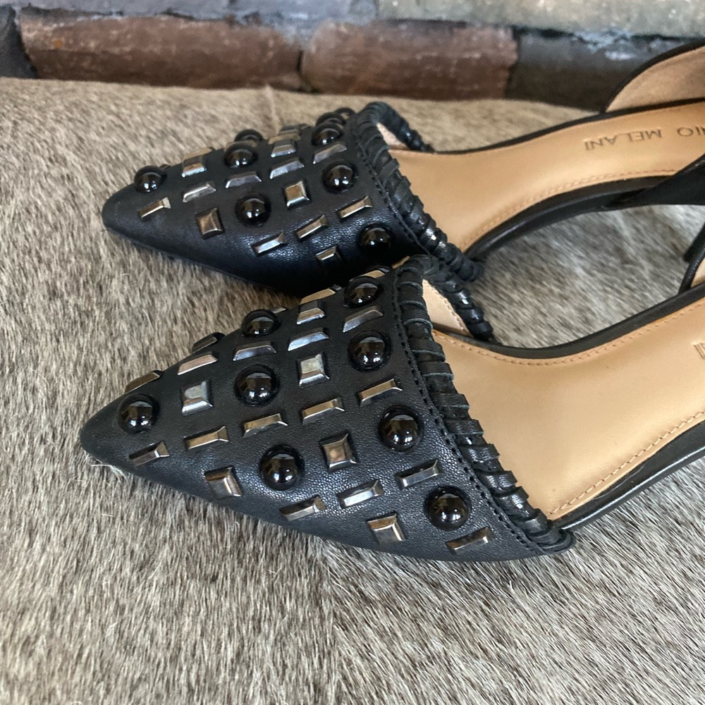 Antonio Melani Vivica Black Leather Pointed Toe Stud Kitten Heel - Picture 3 of 12